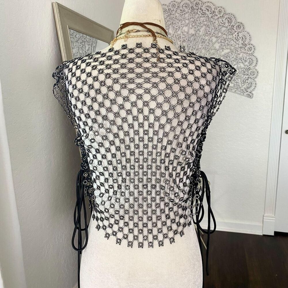 Black Silver Early 2000's See Through Rhinestone Fishnet Top OS / S / XS - Picture 4 of 8